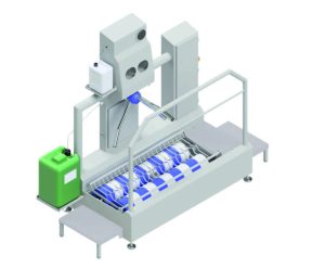 Automatisierte Sohlenreinigungsstation DSR 1000-15 zur Optimierung von Hygieneprozessen in der Produktion.