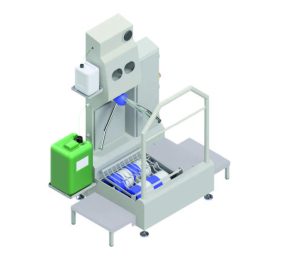 Platzsparende Durchlaufsohlenreinigung DSR 1000 Mini zur effizienten Reinigung von Schuhsohlen in Produktionszugängen.