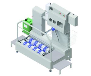 Kompakte Hygieneschleuse Modell KS 1000-15 mit integrierter Sohlenreinigung und Handdesinfektion für die Betriebshygiene.