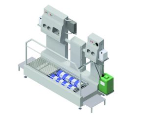 Industrielle Hygieneschleuse KS 1000-20 HDI für hohe Personenfrequenzen mit automatischer Sohlen- und Handreinigung.