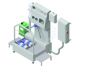 Kompakte Hygienestation KS1000-10 mit Sohlenreinigung und Handdesinfektionseinheit zur Personenkontrolle.