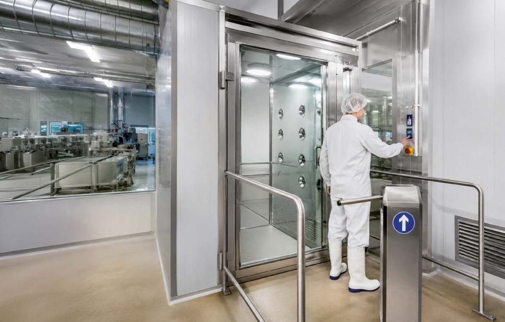 Mitarbeiter betritt eine Hygieneschleuse mit Schaftreinigung in einem lebensmittelverarbeitenden Betrieb